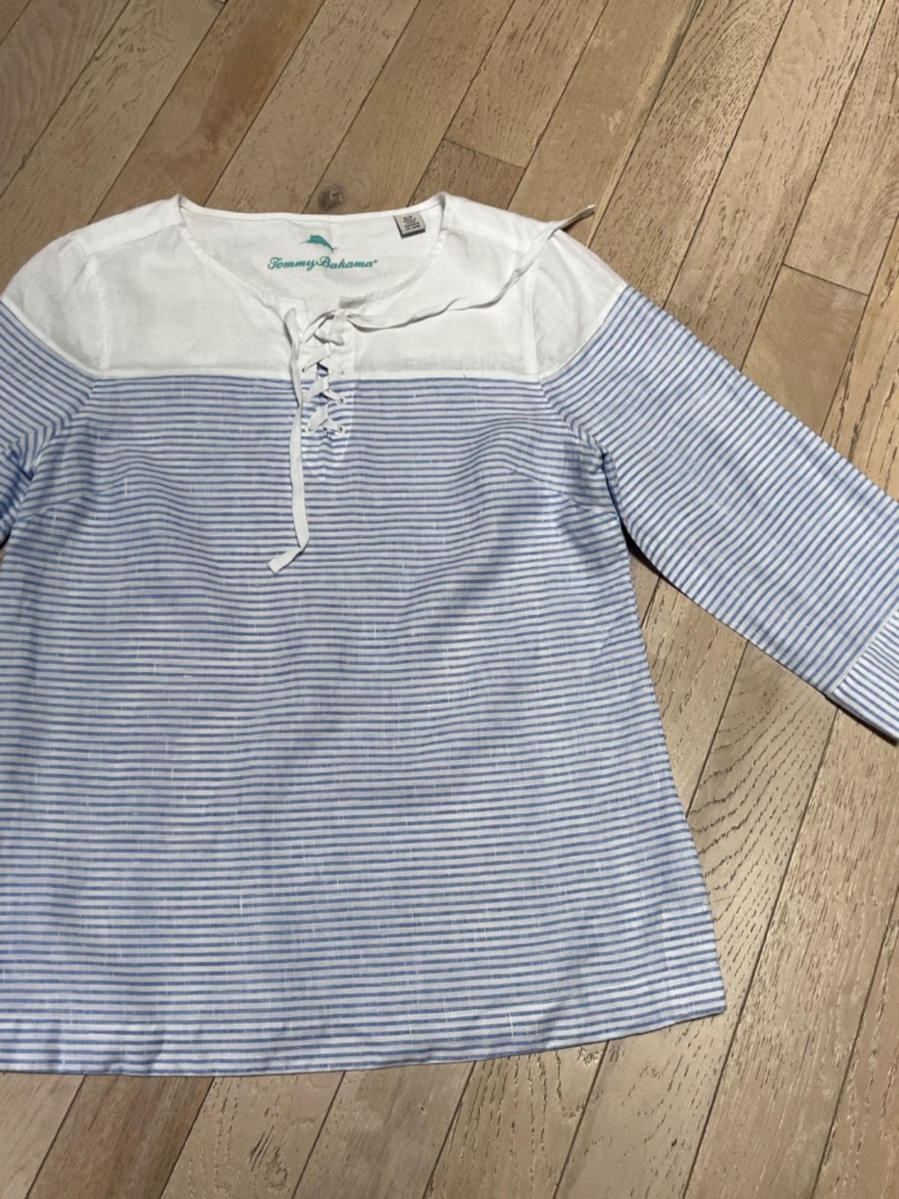 Tommy Bahama Womens Lace Up Blue Stripe 100% Linen Top 3/4 Sleeve Top Size S p